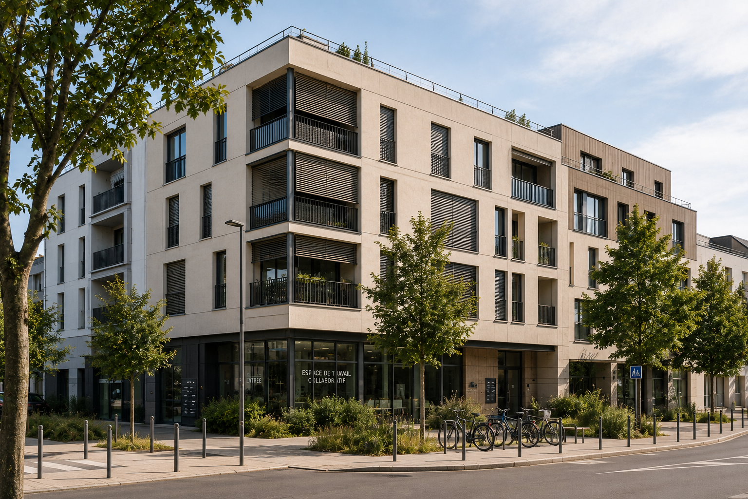 Bâtiment collectif ou tertiaire contemporain dans son environnement urbain