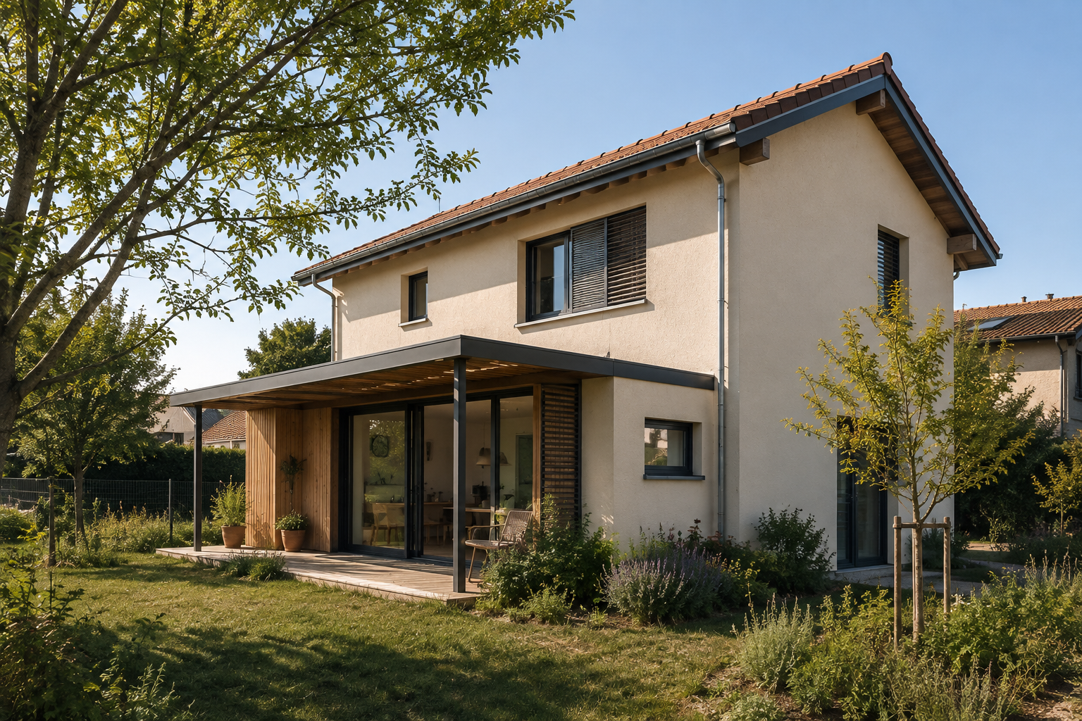 Maison bioclimatique sobre avec protections solaires et aménagement extérieur végétalisé