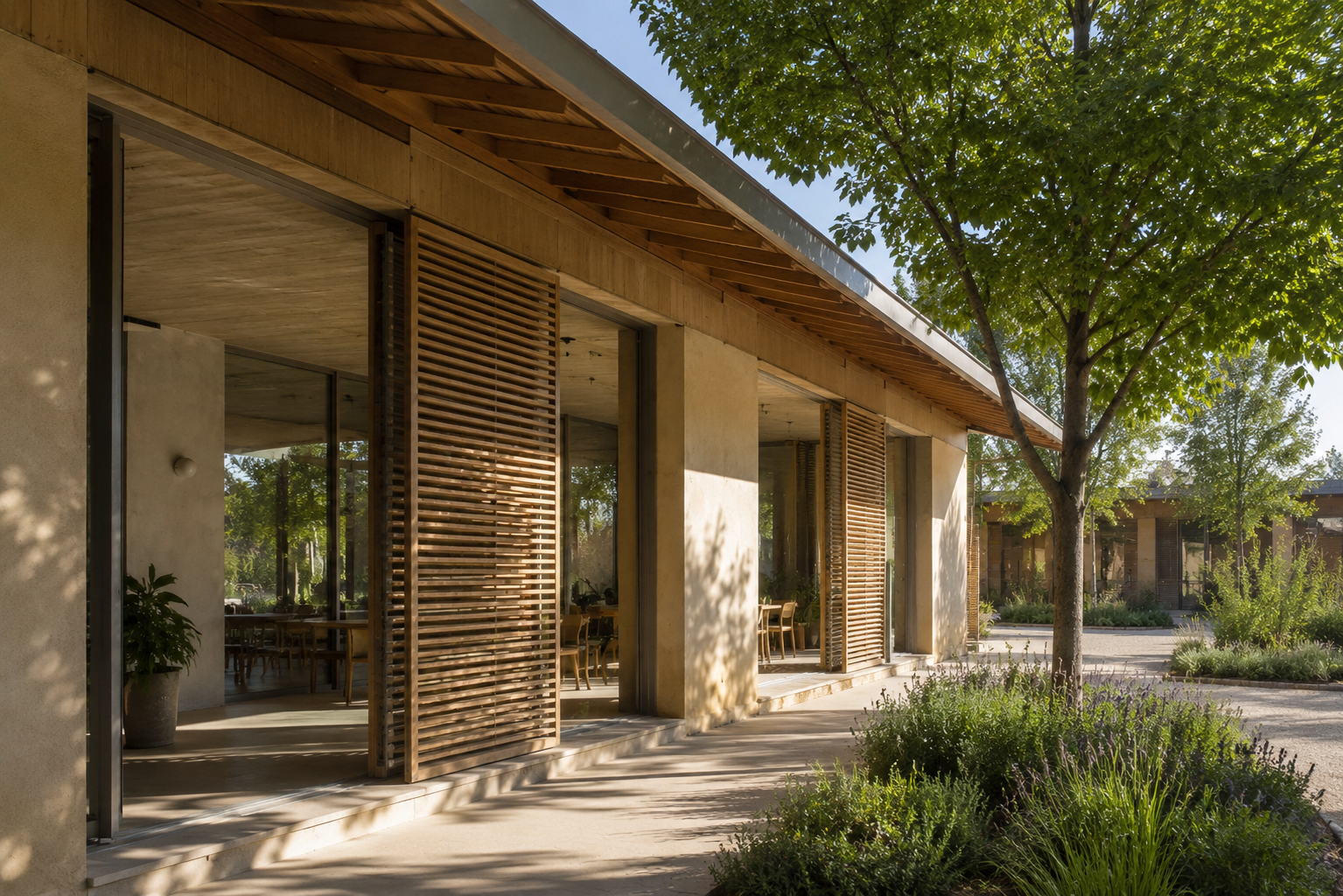 Façade bioclimatique ombragée par un large débord de toiture, des brise-soleil en bois et un arbre caduc